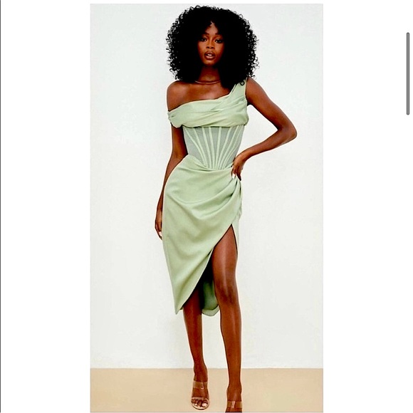 House of CB 'Lulu' Corset Sheer Panel Satin Draped Dress Pistachio XS  US 2-4 - Picture 4 of 16